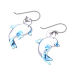 Handblown glass dangle earrings, 'Dolphin Glam' - Handblown Glass Dolphin Dangle Earrings from Thailand