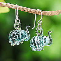 Handblown glass dangle earrings, 'Elephant Glam' - Handblown Glass Elephant Dangle Earrings from Thailand