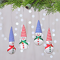 Satin ornaments, 'Snowy Kids' (set of 4) - Set of Four Satin Snowmen Ornaments with Aluminum Bells