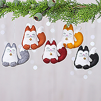 Felt ornaments, 'Colorful Meows' (set of 5) - Set of Five Handcrafted Felt Cat Ornaments with Golden Bells