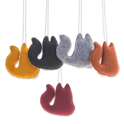 Felt ornaments, 'colourful Meows' (set of 5) - Set of Five Handcrafted Felt Cat Ornaments with Golden Bells