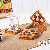 Wood coasters, 'Checkered Nature' (set of 4) - Set of 4 Hand-Carved Checkered Wood Coasters with Stand