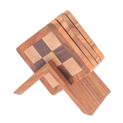 Holzuntersetzer, (4er-Set) – Set aus 4 handgeschnitzten Untersetzern aus kariertem Holz mit Ständer