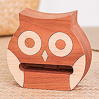 Teak and maple wood phone speaker, 'Owl Sounds' - Non Electric Carved Teakwood & Maple Wood Owl Phone Speaker