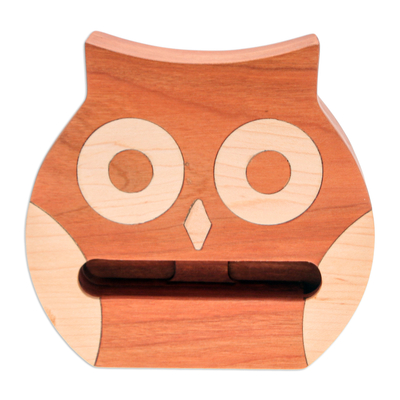 Cherry and maple wood phone speaker, 'Owl Sounds' - Non Electric Carved Cherry & Maple Wood Owl Phone Speaker