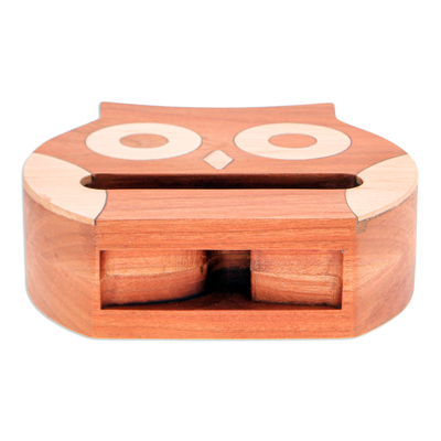 Cherry and maple wood phone speaker, 'Owl Sounds' - Non Electric Carved Cherry & Maple Wood Owl Phone Speaker