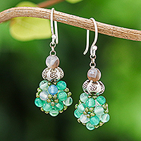 Chalcedony and agate cluster beaded dangle earrings, 'Breezy Spring'