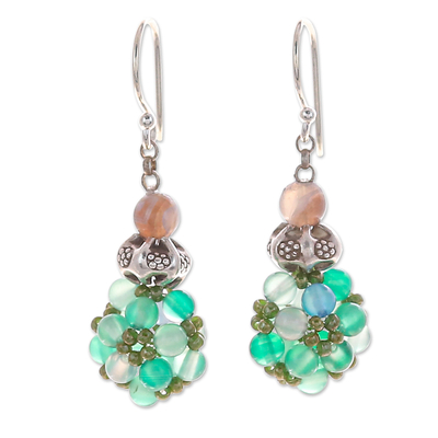 Chalcedony and agate cluster beaded dangle earrings, 'Breezy Spring' - Green Chalcedony and Agate Cluster Beaded Dangle Earrings