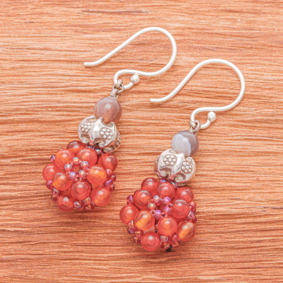 Chalcedony and agate cluster beaded dangle earrings, 'Vibrant Spring' - Orange Chalcedony and Agate Cluster Beaded Dangle Earrings