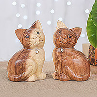 Wood figurines, 'Melodic Meows' (set of 2) - Set of 2 Hand-Carved Cat Raintree Wood Figurines with Bells
