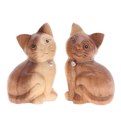 Wood figurines, 'Melodic Meows' (set of 2) - Set of 2 Hand-Carved Cat Raintree Wood Figurines with Bells