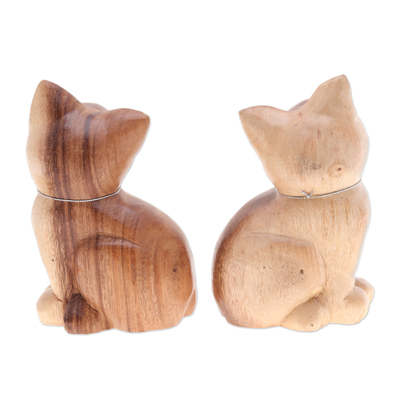 Figuritas de madera, (juego de 2) - Juego de 2 figuras de madera de árbol de lluvia de gato talladas a mano con campanas