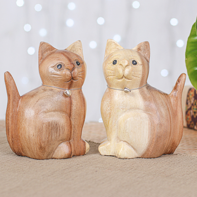 Wood figurines, 'Rhythmic Meows' (set of 2) - Set of 2 Hand-Carved Feline Raintree Wood Figurines