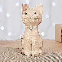 Wood figurine, 'Feline Melody' - Hand-Carved Raintree Wood Cat Figurine with Aluminum Bell