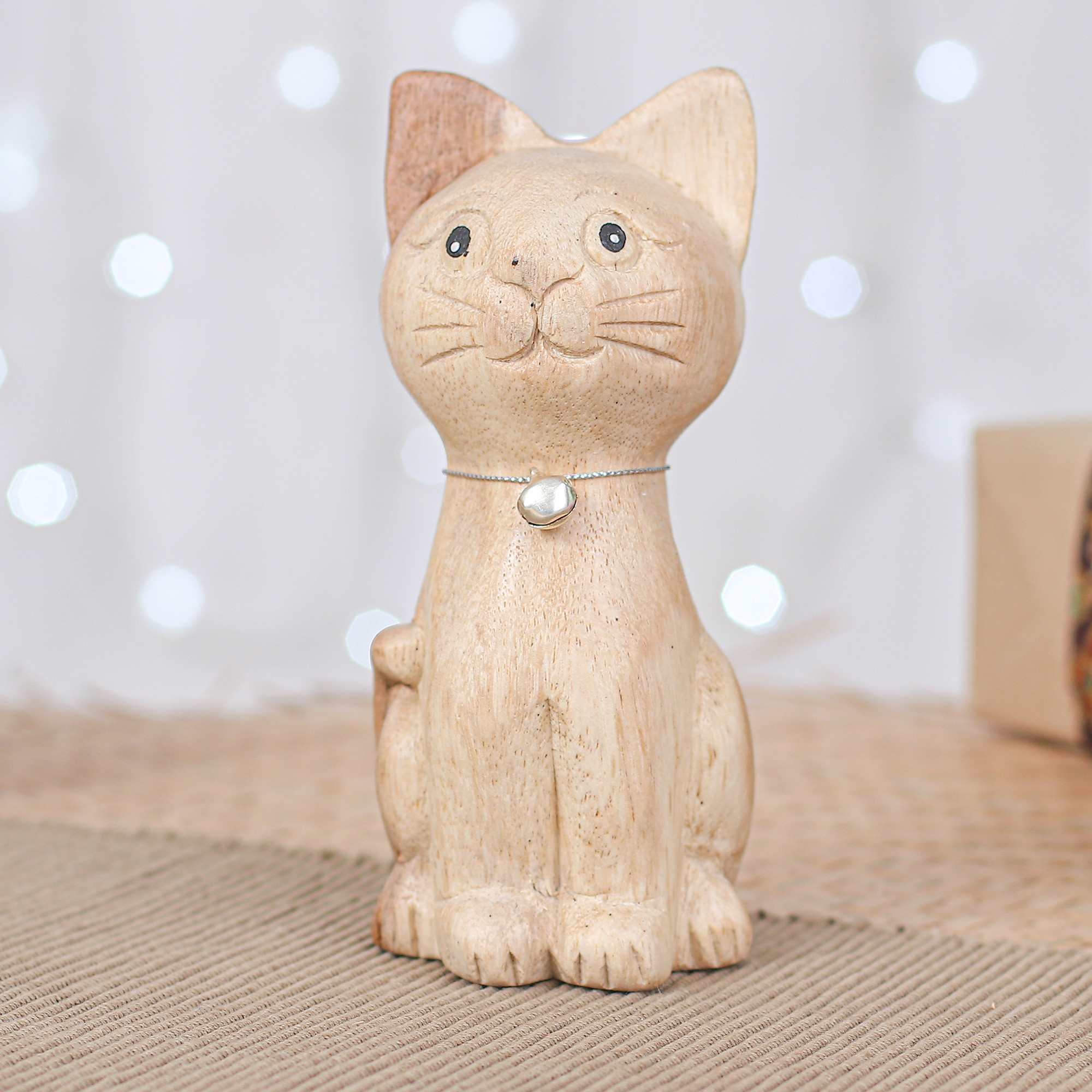 Hand-Carved Raintree Wood Cat Figurine with Aluminum Bell - Feline