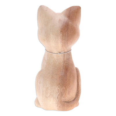 Wood figurine, 'Feline Melody' - Hand-Carved Raintree Wood Cat Figurine with aluminium Bell