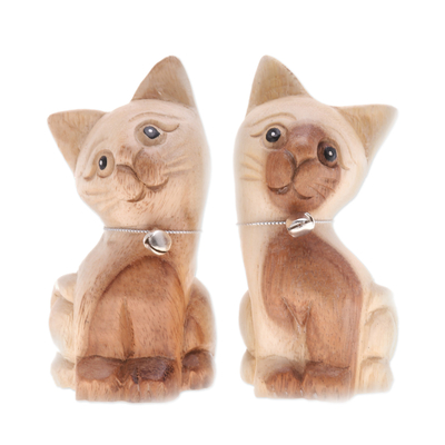 Wood figurines, 'Chiming Meows' (set of 2) - Set of 2 Cat Raintree Wood Figurines with Aluminum Bells