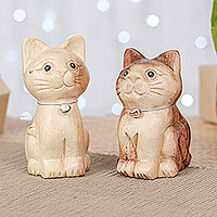 Wood figurines, 'Harmonious Meows' (set of 2) - Set of 2 Feline Raintree Wood Figurines with Aluminum Bells