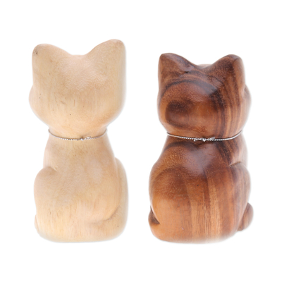 Wood figurines, 'Harmonious Meows' (set of 2) - Set of 2 Feline Raintree Wood Figurines with aluminium Bells