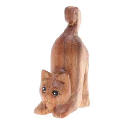 Wood figurine, 'Feline Relaxation' - Hand-Carved Raintree Wood Stretching Cat Figurine