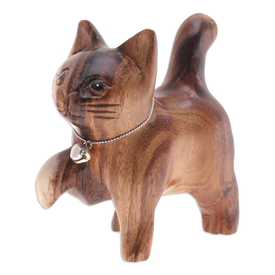 Estatuilla de madera - Figura de gato feliz de madera Raintree tallada a mano con campana