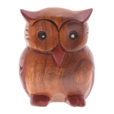 Wood figurine, 'Wise Glance' - Hand-Carved Raintree Wood Owl Figurine from Thailand