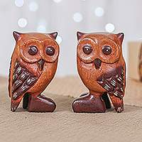 Wood figurines, 'Twin Wisdom' (set of 2) - Set of Two Han-Carved Raintree Wood Owl Figurines