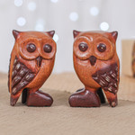 Wood figurines, 'Twin Wisdom' (set of 2) - Set of Two Han-Carved Raintree Wood Owl Figurines