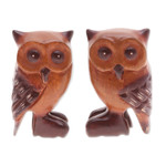 Wood figurines, 'Twin Wisdom' (set of 2) - Set of Two Han-Carved Raintree Wood Owl Figurines