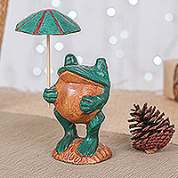 Wood sculpture, 'Froggy Holidays' - Whimsical Hand-Painted Raintree Wood Frog Sculpture