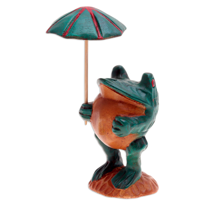 Wood sculpture, 'Froggy Holidays' - Whimsical Hand-Painted Raintree Wood Frog Sculpture