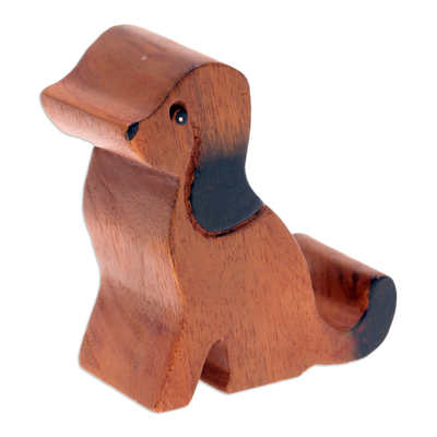 Wood phone holder, 'Canine Assistant' - Hand-Carved Brown and Black Dog Raintree Wood Phone Holder