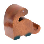 Wood phone holder, 'Dino Assistant' - Hand-Carved Brown and Black Dino Raintree Wood Phone Holder