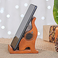 Wood phone holder, 'Giant Assistant' - Hand-Carved Happy Elephant Raintree Wood Phone Holder