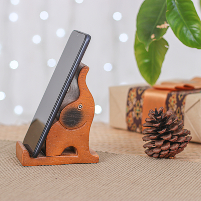 Soporte para teléfono de madera - Soporte para teléfono de madera de árbol de lluvia de elefante feliz tallado a mano