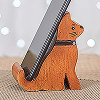 Wood phone holder, 'Feline Assistant' - Hand-Carved Brown and Black Cat Raintree Wood Phone Holder