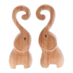 Wood sculptures, 'Twin Elephant Heart' (set of 2) - Set of 2 Handmade Romantic Elephant Raintree Wood Sculptures