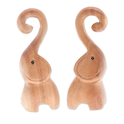 Wood sculptures, 'Twin Elephant Heart' (set of 2) - Set of 2 Handmade Romantic Elephant Raintree Wood Sculptures