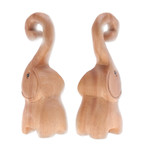 Wood sculptures, 'Twin Elephant Heart' (set of 2) - Set of 2 Handmade Romantic Elephant Raintree Wood Sculptures