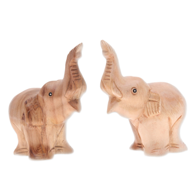 Wood sculptures, 'Twin Greeting' (set of 2) - Set of 2 Hand-Carved Elephant Raintree Wood Sculptures