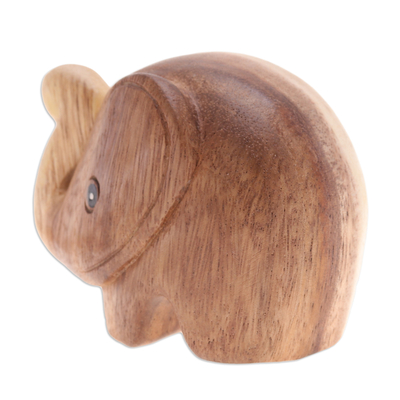 Wood figurine, 'Tiny Kindness' - Handmade Natural Brown Baby Elephant Raintree Wood Figurine