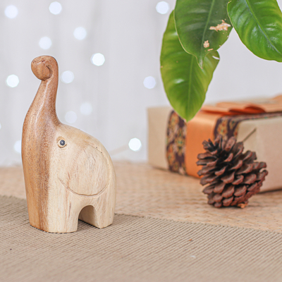 Wood figurine, 'Tiny Greeting' - Handmade Happy Baby Elephant Raintree Wood Figurine