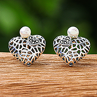 Cultured pearl and marcasite button earrings, 'Delicate Heart' - Heart-Shaped Cultured Pearl and Marcasite Button Earrings