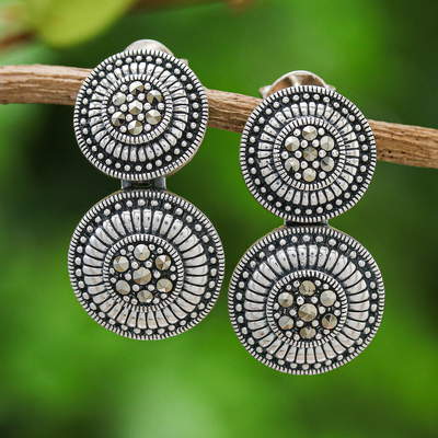 Round Sterling Silver Drop Earrings with Marcasite Jewels - Solar