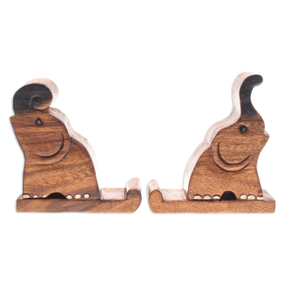 Wood phone holders, 'Giant Help' (set of 2) - Set of Two Hand-Carved Elephant Raintree Wood Phone Holders