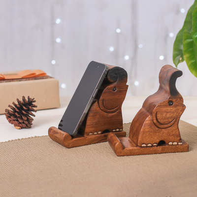 Wood phone holders, 'Giant Help' (set of 2) - Set of Two Hand-Carved Elephant Raintree Wood Phone Holders