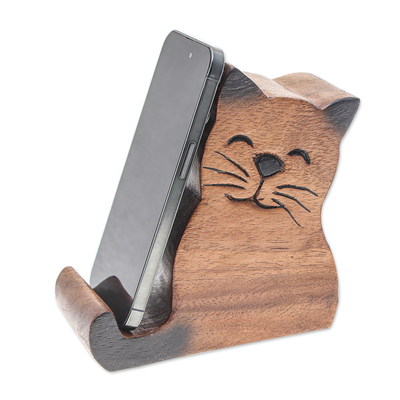 Wood phone holder, 'Feline Support' - Cat-Themed Hand-Carved Raintree Wood Phone Holder