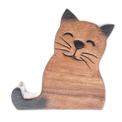 Wood phone holder, 'Feline Support' - Cat-Themed Hand-Carved Raintree Wood Phone Holder