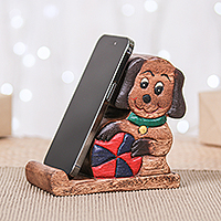 Wood phone holder, 'Canine Support' - Dog-Themed Painted Hand-Carved Raintree Wood Phone Holder