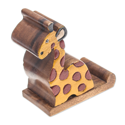 Wood phone holder, 'Safari Support' - Giraffe-Themed Hand-Carved Raintree Wood Phone Holder